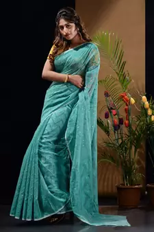 Sky Blue Silk Cotton Handwoven Jamdani Saree With Woven Chevron Designs Without Blouse