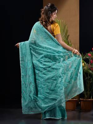 Sky Blue Silk Cotton Handwoven Jamdani Saree With Woven Chevron Designs Without Blouse 4