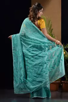 Sky Blue Silk Cotton Handwoven Jamdani Saree With Woven Chevron Designs Without Blouse