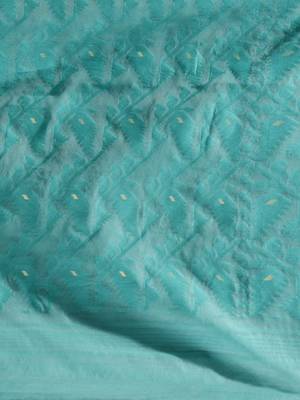 Sky Blue Silk Cotton Handwoven Jamdani Saree With Woven Chevron Designs Without Blouse 5