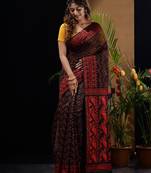 Black And Red Silk Cotton Handwoven Jamdani Saree With Woven Chevron Designs Without Blouse