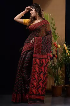 Black And Red Silk Cotton Handwoven Jamdani Saree With Woven Chevron Designs Without Blouse