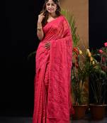 Fuchsia Silk Cotton Handwoven Jamdani Saree With Woven Chevron Designs Without Blouse