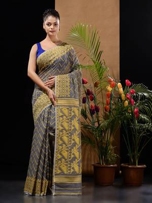 Grey And Yellow Silk Cotton Handwoven Jamdani Saree With Woven Chevron Designs Without Blouse 1