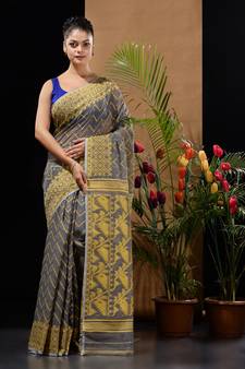 Grey And Yellow Silk Cotton Handwoven Jamdani Saree With Woven Chevron Designs Without Blouse