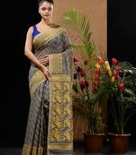Grey And Yellow Silk Cotton Handwoven Jamdani Saree With Woven Chevron Designs Without Blouse