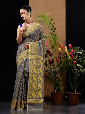 Grey And Yellow Silk Cotton Handwoven Jamdani Saree With Woven Chevron Designs Without Blouse 2