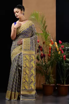 Grey And Yellow Silk Cotton Handwoven Jamdani Saree With Woven Chevron Designs Without Blouse