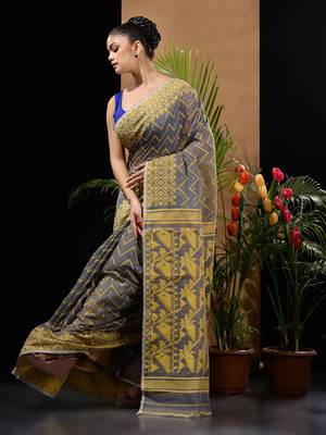Grey And Yellow Silk Cotton Handwoven Jamdani Saree With Woven Chevron Designs Without Blouse 3
