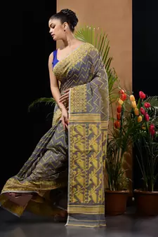 Grey And Yellow Silk Cotton Handwoven Jamdani Saree With Woven Chevron Designs Without Blouse