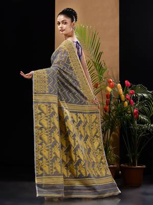 Grey And Yellow Silk Cotton Handwoven Jamdani Saree With Woven Chevron Designs Without Blouse 4
