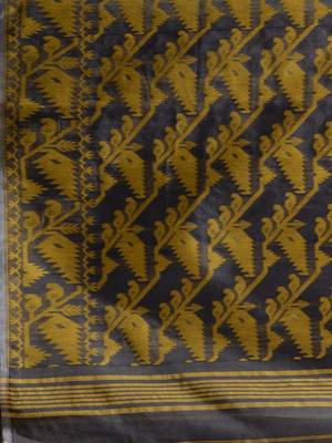 Grey And Yellow Silk Cotton Handwoven Jamdani Saree With Woven Chevron Designs Without Blouse 5