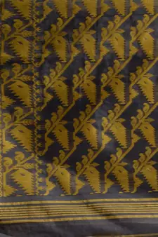 Grey And Yellow Silk Cotton Handwoven Jamdani Saree With Woven Chevron Designs Without Blouse