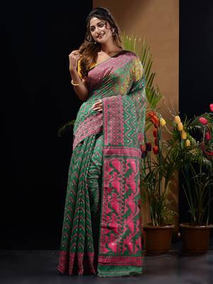 Green And Pink Silk Cotton Handwoven Jamdani Saree With Woven Chevron Designs Without Blouse 1