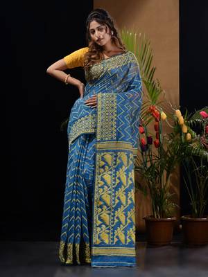 Sapphire Blue And Yellow Silk Cotton Handwoven Jamdani Saree With Woven Chevron Designs Without Blouse 1
