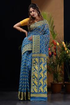 Sapphire Blue And Yellow Silk Cotton Handwoven Jamdani Saree With Woven Chevron Designs Without Blouse