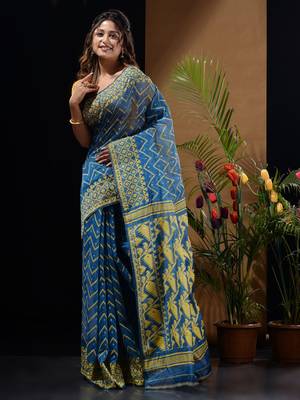 Sapphire Blue And Yellow Silk Cotton Handwoven Jamdani Saree With Woven Chevron Designs Without Blouse 2
