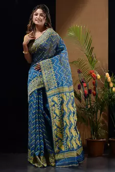 Sapphire Blue And Yellow Silk Cotton Handwoven Jamdani Saree With Woven Chevron Designs Without Blouse