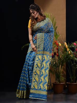 Sapphire Blue And Yellow Silk Cotton Handwoven Jamdani Saree With Woven Chevron Designs Without Blouse 3