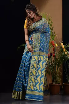 Sapphire Blue And Yellow Silk Cotton Handwoven Jamdani Saree With Woven Chevron Designs Without Blouse
