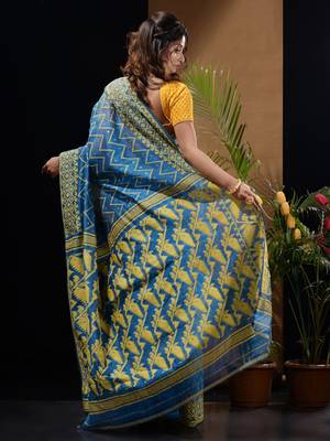 Sapphire Blue And Yellow Silk Cotton Handwoven Jamdani Saree With Woven Chevron Designs Without Blouse 4