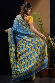 Sapphire Blue And Yellow Silk Cotton Handwoven Jamdani Saree With Woven Chevron Designs Without Blouse