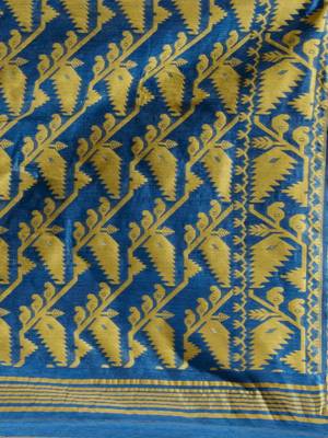 Sapphire Blue And Yellow Silk Cotton Handwoven Jamdani Saree With Woven Chevron Designs Without Blouse 5