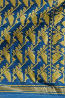Sapphire Blue And Yellow Silk Cotton Handwoven Jamdani Saree With Woven Chevron Designs Without Blouse