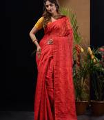 Red Silk Cotton Handwoven Jamdani Saree With Woven Chevron Designs Without Blouse
