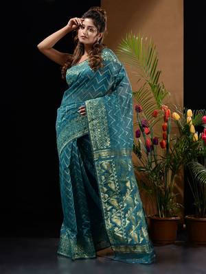 Teal Silk Cotton Handwoven Jamdani Saree With Zari Woven Chevron Designs Without Blouse 1