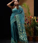 Teal Silk Cotton Handwoven Jamdani Saree With Zari Woven Chevron Designs Without Blouse