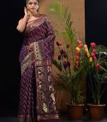 Purple Silk Cotton Handwoven Jamdani Saree With Zari Woven Chevron Designs