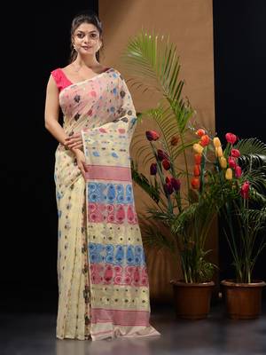 Off White Silk Cotton Handwoven Jamdani Saree With Multicolor Woven Designs And Motifs Without Blouse 1
