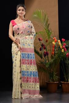 Off White Silk Cotton Handwoven Jamdani Saree With Multicolor Woven Designs And Motifs Without Blouse