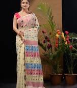 Off White Silk Cotton Handwoven Jamdani Saree With Multicolor Woven Designs And Motifs Without Blouse
