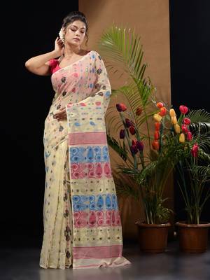 Off White Silk Cotton Handwoven Jamdani Saree With Multicolor Woven Designs And Motifs Without Blouse 2