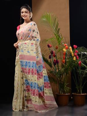 Off White Silk Cotton Handwoven Jamdani Saree With Multicolor Woven Designs And Motifs Without Blouse 3