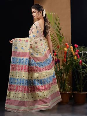 Off White Silk Cotton Handwoven Jamdani Saree With Multicolor Woven Designs And Motifs Without Blouse 4