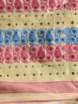 Off White Silk Cotton Handwoven Jamdani Saree With Multicolor Woven Designs And Motifs Without Blouse 5