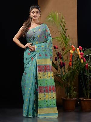 Sea Green Silk Cotton Handwoven Jamdani Saree With Multicolor Woven Designs And Motifs Without Blouse 1