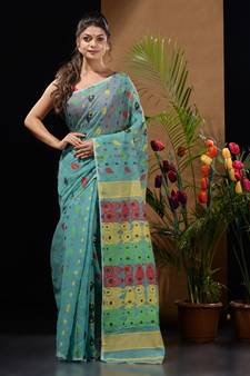 Sea Green Silk Cotton Handwoven Jamdani Saree With Multicolor Woven Designs And Motifs Without Blouse