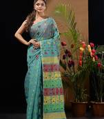 Sea Green Silk Cotton Handwoven Jamdani Saree With Multicolor Woven Designs And Motifs Without Blouse