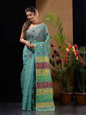 Sea Green Silk Cotton Handwoven Jamdani Saree With Multicolor Woven Designs And Motifs Without Blouse 2
