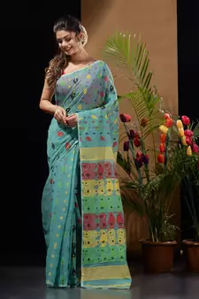 Sea Green Silk Cotton Handwoven Jamdani Saree With Multicolor Woven Designs And Motifs Without Blouse