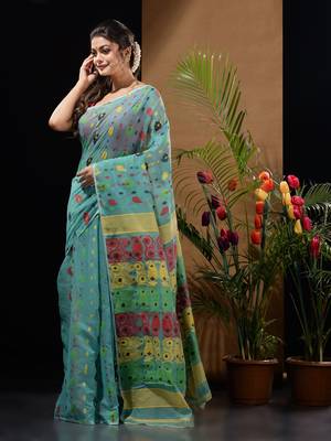Sea Green Silk Cotton Handwoven Jamdani Saree With Multicolor Woven Designs And Motifs Without Blouse 3