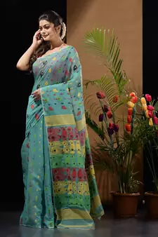 Sea Green Silk Cotton Handwoven Jamdani Saree With Multicolor Woven Designs And Motifs Without Blouse