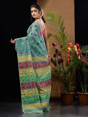 Sea Green Silk Cotton Handwoven Jamdani Saree With Multicolor Woven Designs And Motifs Without Blouse 4