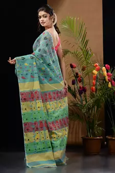 Sea Green Silk Cotton Handwoven Jamdani Saree With Multicolor Woven Designs And Motifs Without Blouse