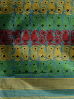 Sea Green Silk Cotton Handwoven Jamdani Saree With Multicolor Woven Designs And Motifs Without Blouse 5
