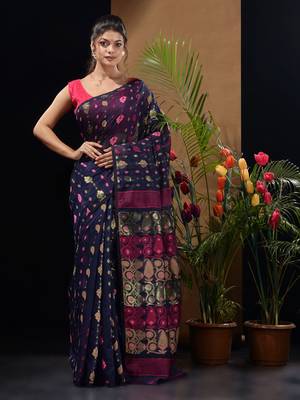 Navy Blue Silk Cotton Handwoven Jamdani Saree With Multicolor Woven Designs And Motifs Without Blouse 1